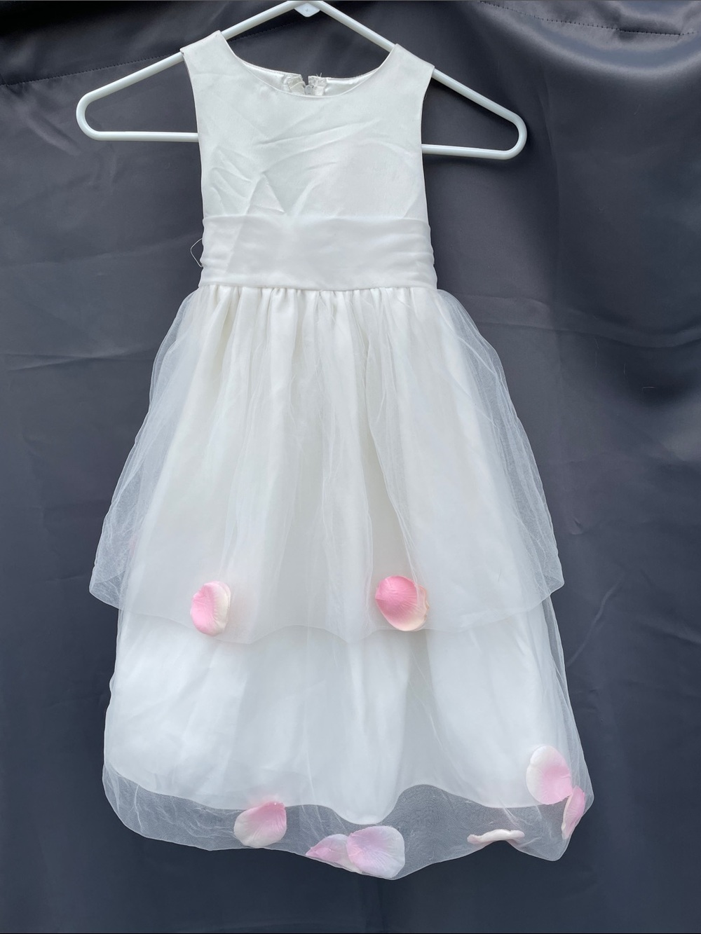 White Tulle Flower Girl Dress with Pink Petal Accents